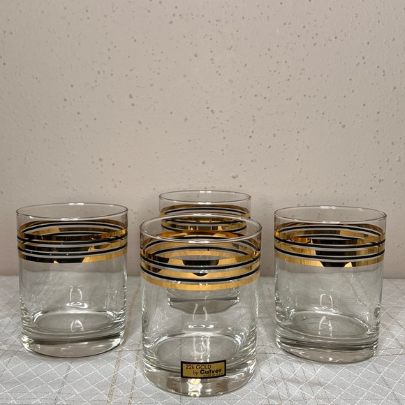 Culver Gold and Black 3 Striped MCM Glasses 4 piece Set - Picture 1 of 11